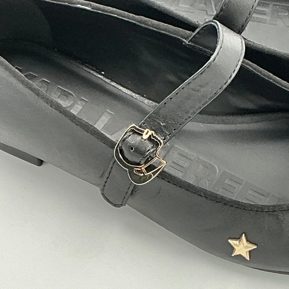 Karl Lagerfeld Paris Size 7 Black Leather Mary Jane Flats Gold Studs Veyda